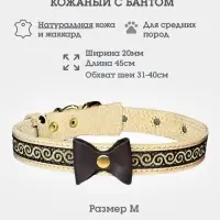 Ошейник, 45&times;2 см, с бантиком, тесьмой и стразами, кожа, бежевый