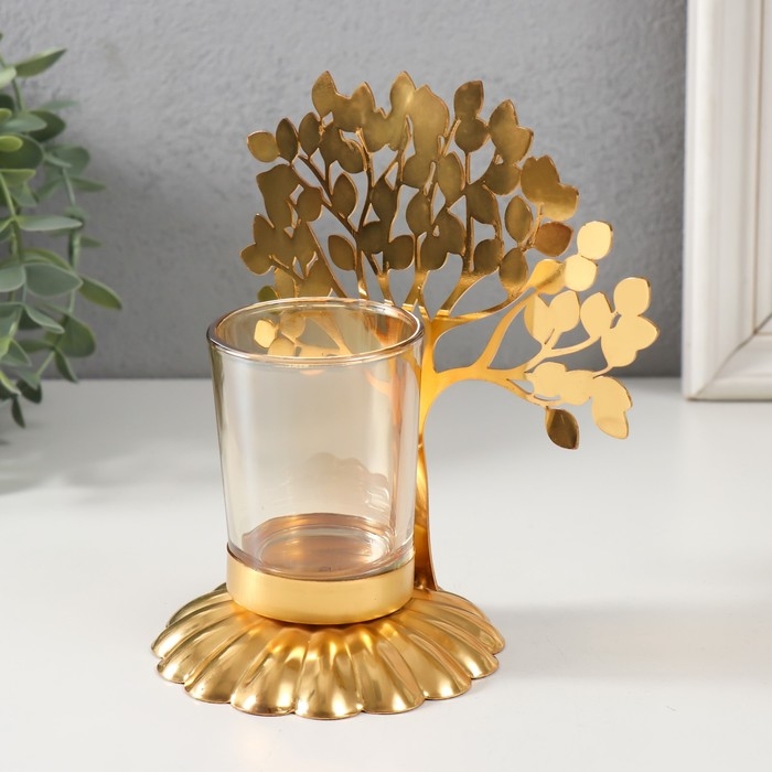 Подсвечник металл, стекло на 1 свечу  Подсвечник металл, стекло на 1 свечу "Дерево с листьями" d=4,7 см, золото 14,7х9,3х15 см