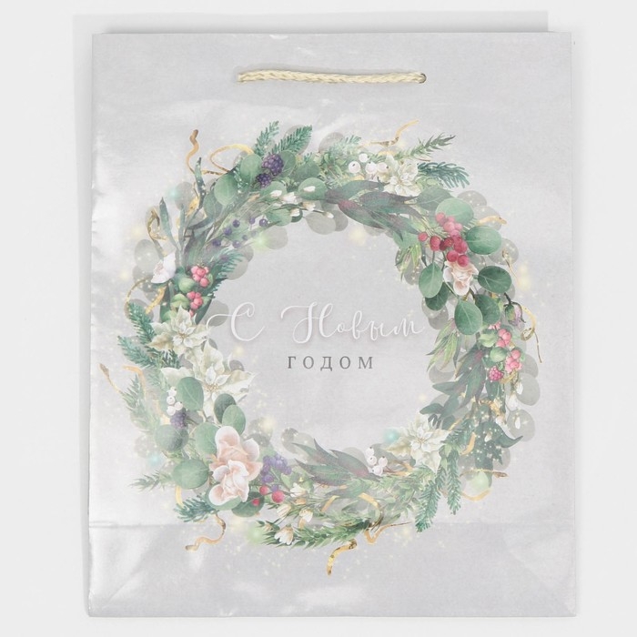 Пакет подарочный новогодний ламинированный «Новогодний венок», ML 21 х 25 х 8 см