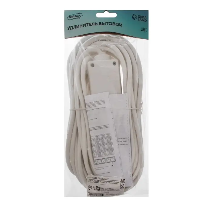 Удлинитель Luazon Lighting, 3 розетки, 10 м, 6 А, 1300 Вт, 3&times;0.75 мм2, с заземлением, с выключателем, белый