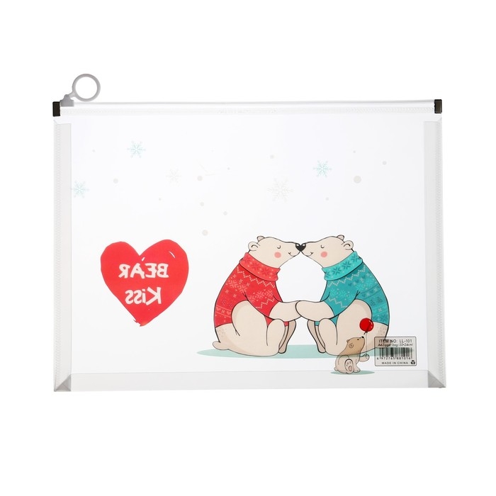 Папка-конверт на молнии формат А4, 180мкр, с рисунком Папка-конверт на молнии формат А4, 180мкр, с рисунком "Медведи", МИКС