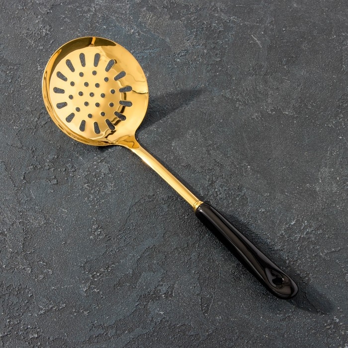 Шумовка из нержавеющей стали Base, h=35 см, цвет ручки чёрный, цвет металла золотой Шумовка из нержавеющей стали Base, h=35 см, цвет ручки чёрный, цвет металла золотой