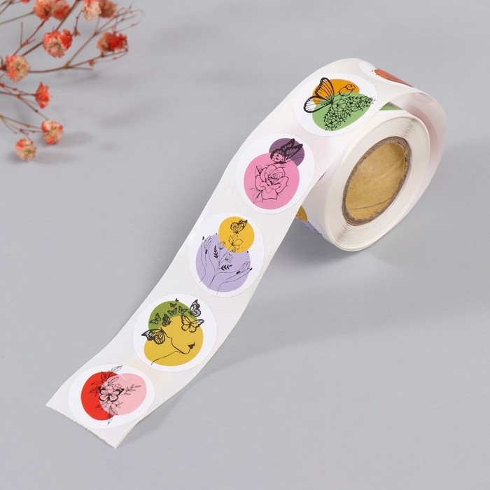 Наклейка бумага Наклейка бумага "Бабочки и цветы. Абстракция" d=2,5 см 252 шт в рулоне