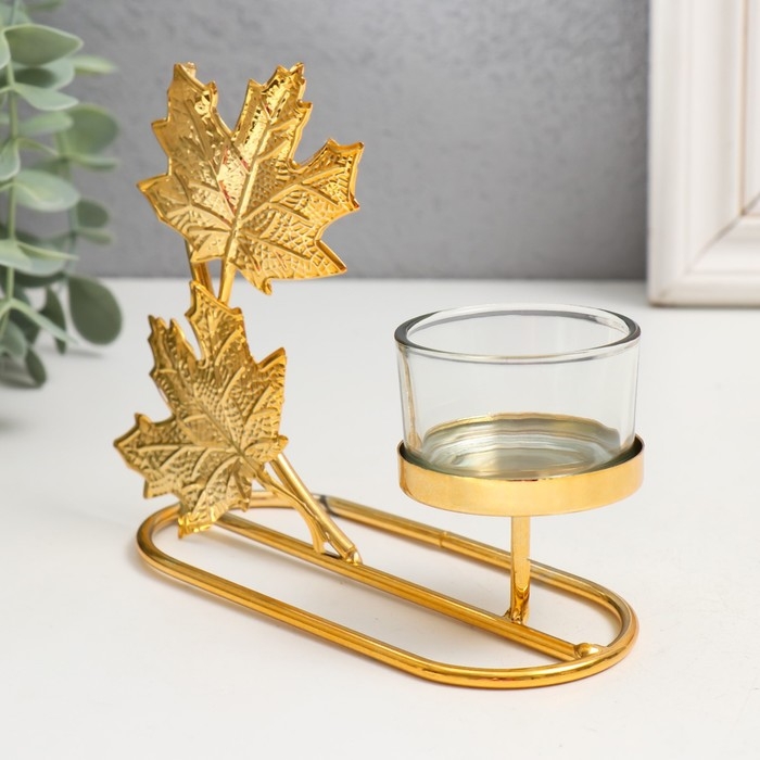 Подсвечник металл на 1 свечу  Подсвечник металл на 1 свечу "Кленовые листья" d=4,5 см золото 5,8х13х13 см