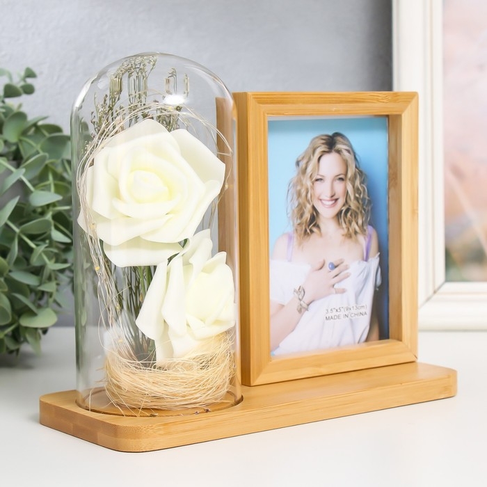 Фоторамка дерево 9х13 см с подсветкой "Белые розы в колбе" USB 9,5х21х17,5 см