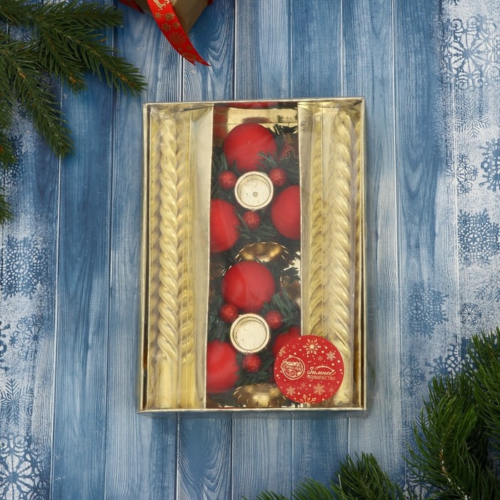 Свеча новогодняя с подсвечником "Шарик, бусина" (набор 2 шт) 14,5х20 см, красно-золотой