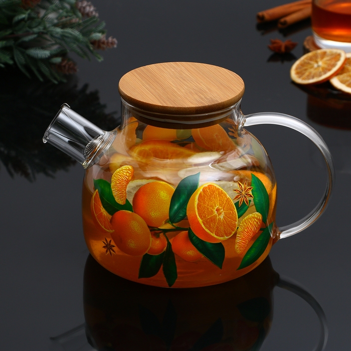Новый год. Чайник заварочный стеклянный с бамбуковой крышкой «Аромат праздника», 1000 мл Новый год. Чайник заварочный стеклянный с бамбуковой крышкой «Аромат праздника», 1000 мл