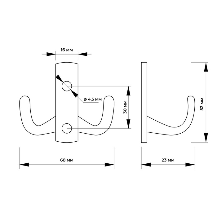 Крючок мебельный ТУНДРА TKD011, двухрожковый, хром Крючок мебельный ТУНДРА TKD011, двухрожковый, хром