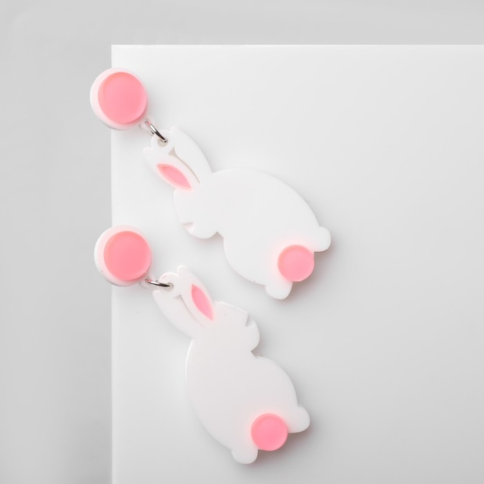 Серьги акрил «Зайчики», цвет бело-розовый в серебре Серьги акрил «Зайчики», цвет бело-розовый в серебре