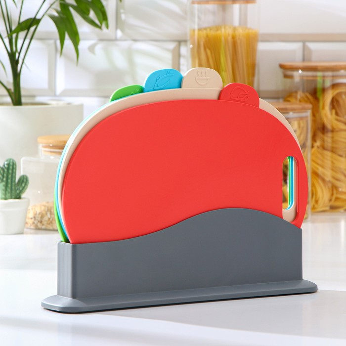 Набор разделочных досок, 4 шт, 30×22×7 см, размер 1 доски 29×19,5 см, овальные, с маркерами, на подставке