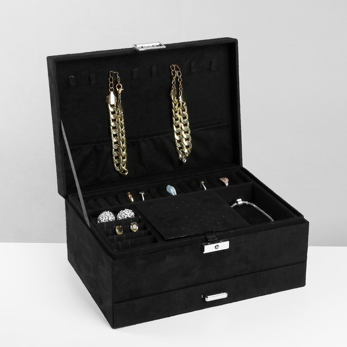 Подставка для украшений «Шкатулка» 2-х уровневая, флок, 24,5×17×12 см, цвет чёрный Подставка для украшений «Шкатулка» 2-х уровневая, флок, 24,5×17×12 см, цвет чёрный