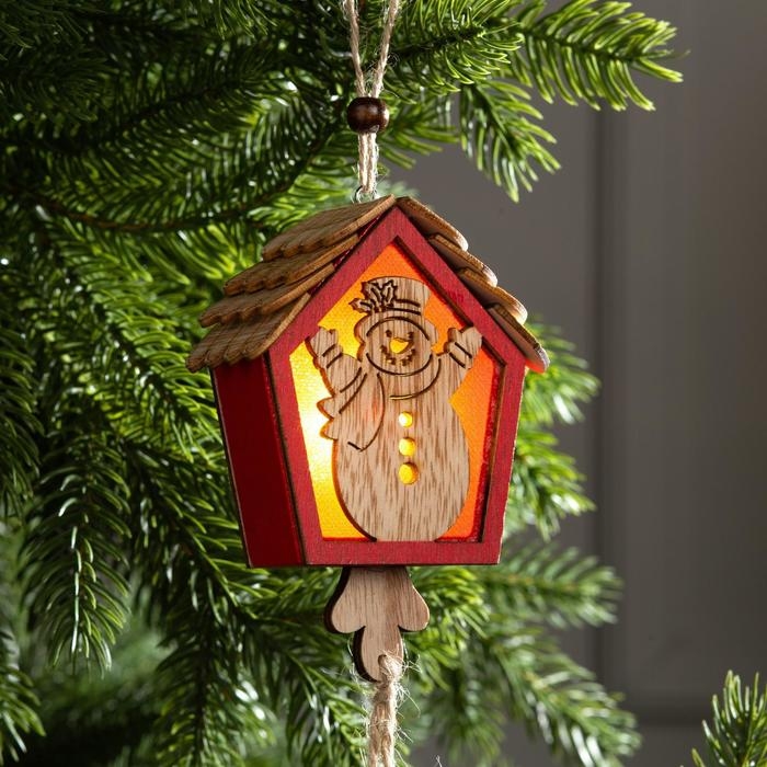 Ёлочная игрушка «Домик со снеговиком», от батареек, свечение тёплое белое Ёлочная игрушка «Домик со снеговиком», от батареек, свечение тёплое белое