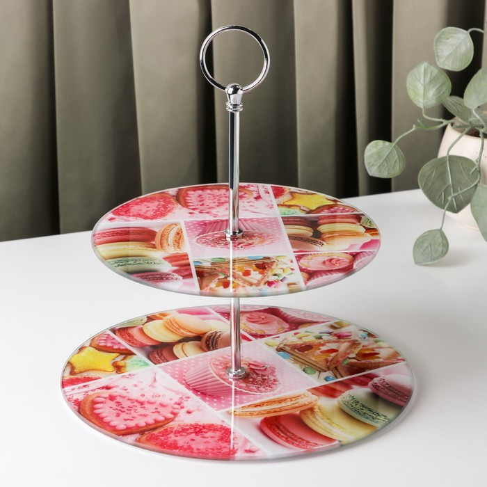 Этажёрка - фруктовница круглая Доляна «Сладости», 2 яруса, d=25/20 см, стекло, цвет розовый