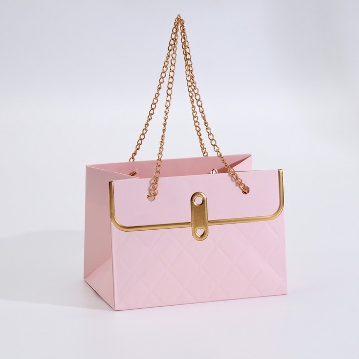 Пакет для цветов, ручка цепь,  Пакет для цветов, ручка цепь, "Розовый", с золотым тиснением, 15 х 10,5 х 10 см