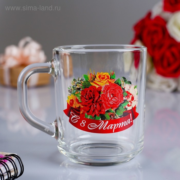 Кружка Кружка "С 8 Марта!" цветы, красная лента, 200 мл