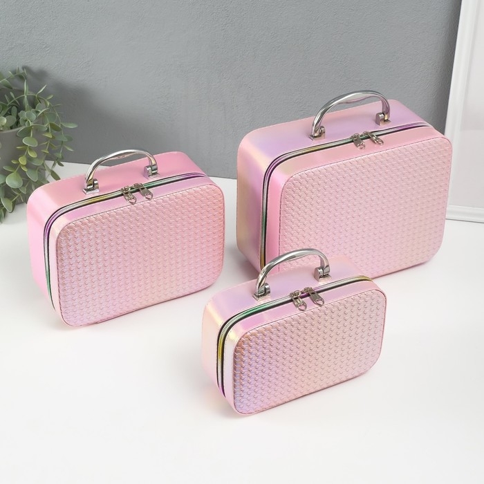 Шкатулка кожзам с зеркалом Шкатулка кожзам с зеркалом "Плетение" розовая н-р 3 шт 19,4х12,5х8 22х16х9 11,5х24,5х18,5 см