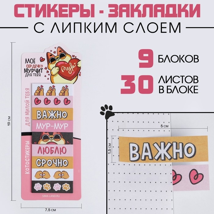 Набор стикеров закладок &laquo;Котик&raquo;, 9 шт, 30 л