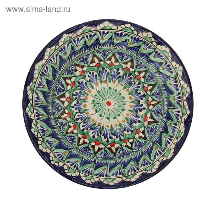 Тарелка Риштанская Керамика Тарелка Риштанская Керамика "Цветы", синяя, плоская, 17 см, микс