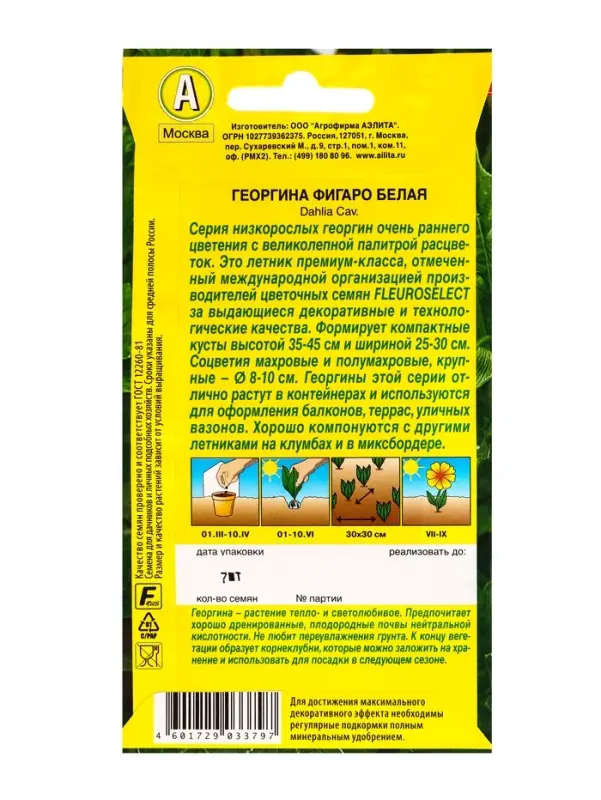 Семена цветов Георгина Фигаро махровая белая , Ц/П,7 шт. Семена цветов Георгина Фигаро махровая белая , Ц/П,7 шт.