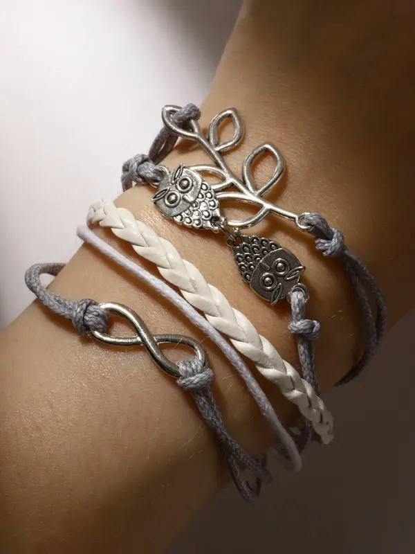Браслет кожаный &laquo;Совы, веточка и знак бесконечности&raquo;, L=20 см, 5 нитей, белый, серый