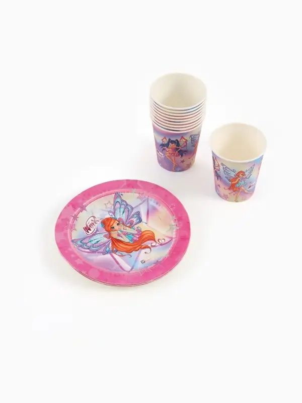 Посуда одноразовая бумажная на 10 персон: стаканы, тарелки, скатерть, ВИНКС Посуда одноразовая бумажная на 10 персон: стаканы, тарелки, скатерть, ВИНКС