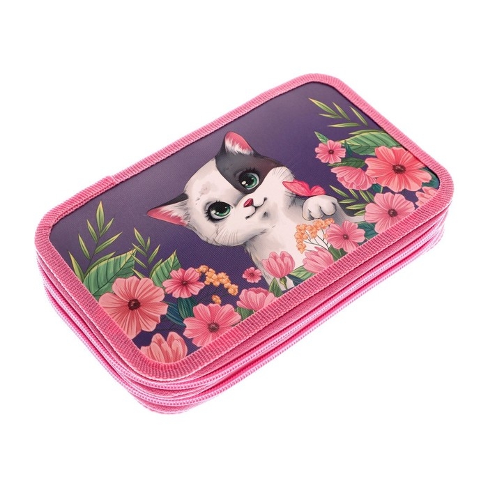 Пенал 2 секции, 125 х 205 х 40 мм, Calligrata 30П26/2 Пенал 2 секции, 125 х 205 х 40 мм, Calligrata 30П26/2 "Кот в цветах", ламинированный картон