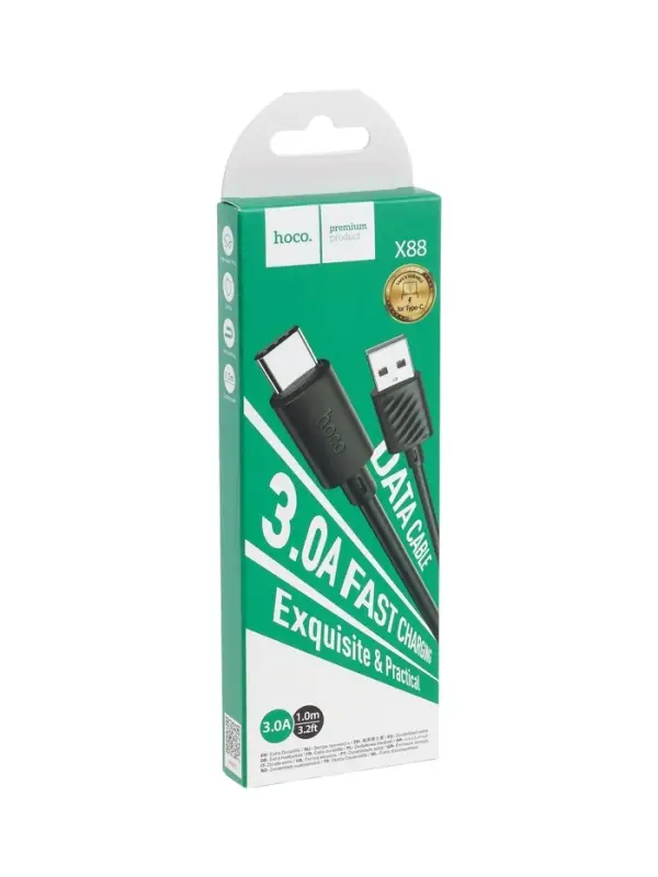 Кабель Hoco X88, Type-C - USB, 3 А, 1 м, ПВХ, чёрный
