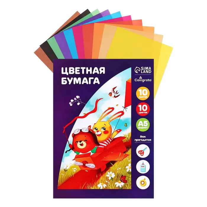 Бумага цветная А5, 10 листов, 10 цветов "Зверята", офсет, в папке
