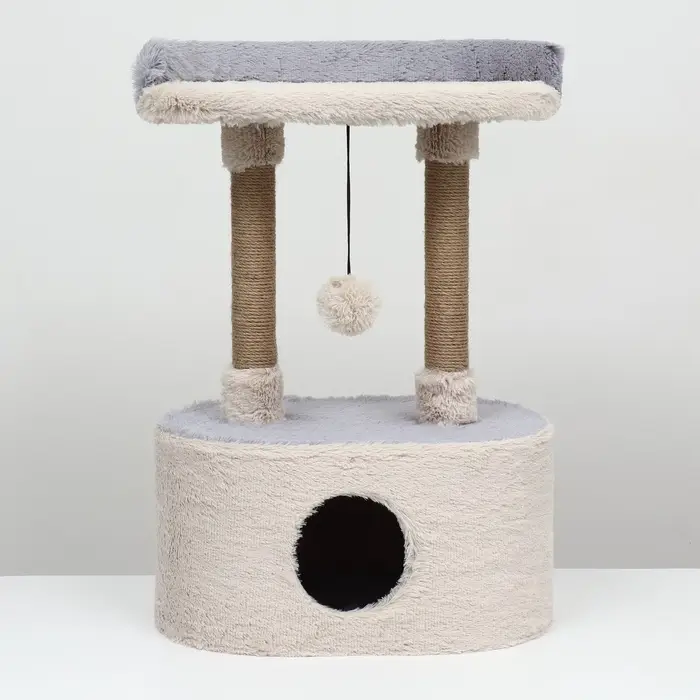 Домик для кошек с когтеточкой, 54&times;34&times;80 см, с овальной полкой, пушистый мех, джут, серый