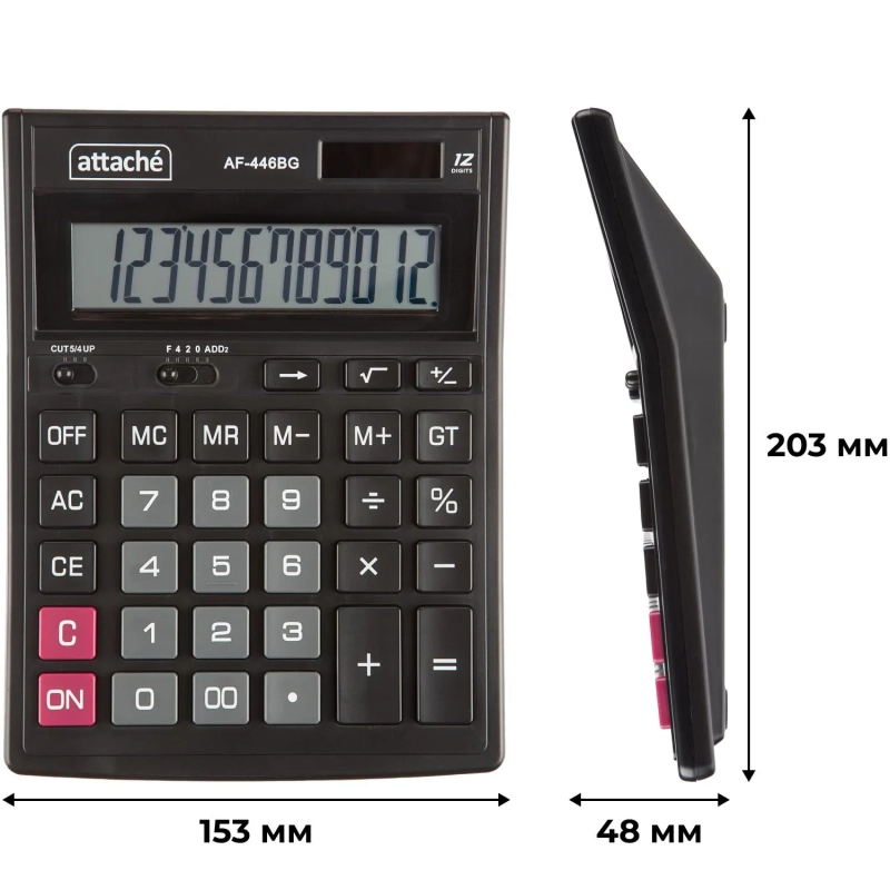 Калькулятор настольный ПОЛНОРАЗМ Attache AF-446BG,12р,дв.п,ч/сер,203x153x48