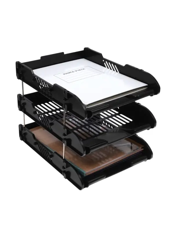 Набор лотков для бумаг, 3 штуки, горизонтальные, на металлических стержнях, чёрные