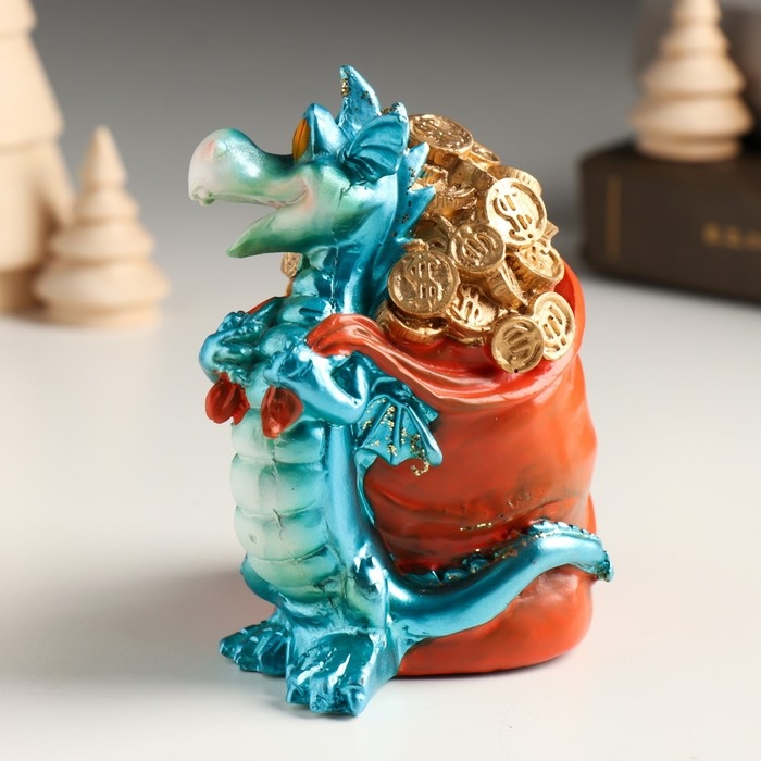 Копилка полистоун Копилка полистоун "Синий дракончик с мешком золотых монет" 10,2х7,2х10,6 см