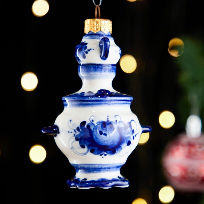 Ёлочная игрушка Ёлочная игрушка "Самовар с чайником", гжель, фарфор, h=10см