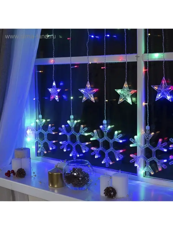 Гирлянда &laquo;Бахрома&raquo; 2.4&times;0.9 м с насадками &laquo;Снежинки&raquo;, IP20, прозрачная нить, 150 LED, свечение мульти, 8 режимов, 220 В