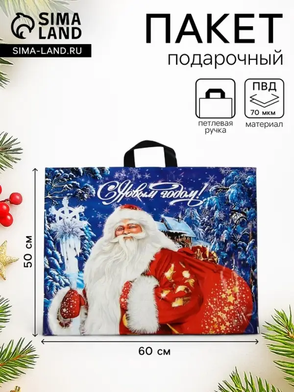 Пакет подарочный &laquo;Новогодний визит&raquo;, полиэтиленовый с петлевой ручкой, 60&times;50 см
