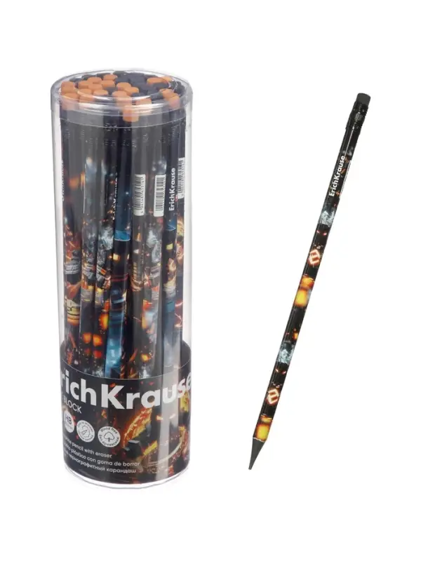 Карандаш чернографитный ErichKrause Mine Block трехгранный, с ластиком HB, в тубусе, МИКС