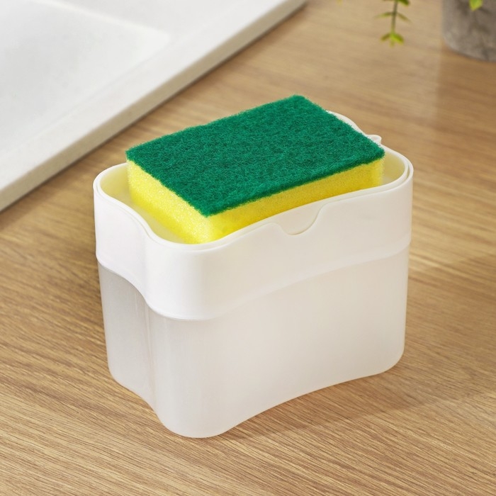 Дозатор для моющего средства с подставкой для губки Доляна, губка в комплекте, 385 мл, цвет белый Дозатор для моющего средства с подставкой для губки Доляна, губка в комплекте, 385 мл, цвет белый