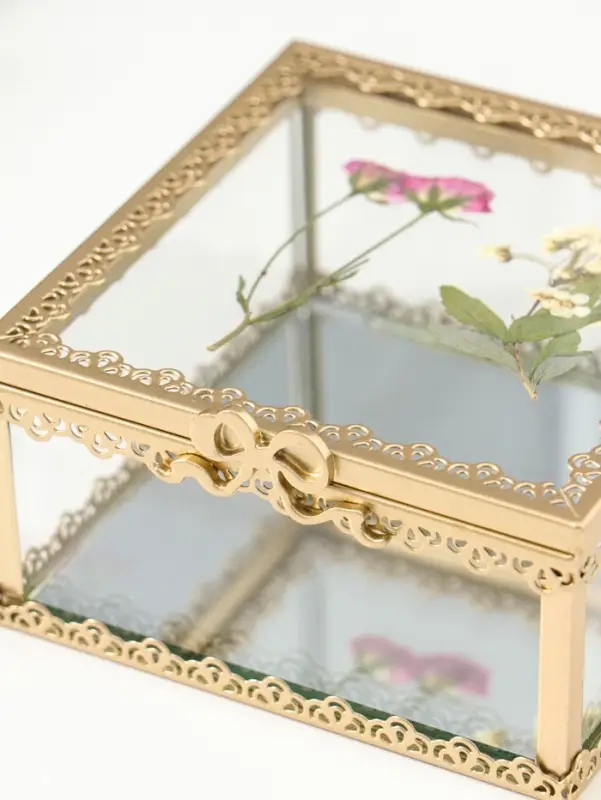 Шкатулка стекло с металлическим каркасом "Сухоцветы" квадрат 10х10,5х5,2 см