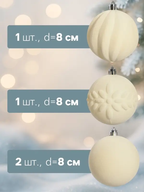 Ёлочные шары &laquo;Бархатный зной&raquo;, d=8 см, набор 4 шт., белые