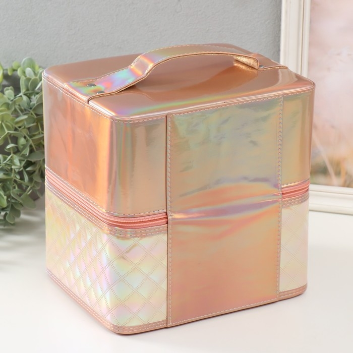 Шкатулка кожзам для косметики Шкатулка кожзам для косметики "Ромбы голография. Этажи" бело-розовая 24,5х20,5х27 см