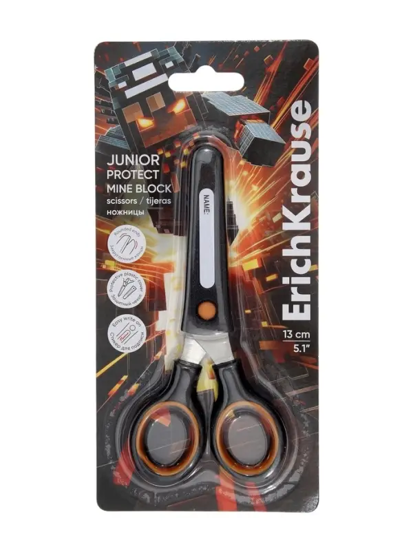 Ножницы ErichKrause Junior Protect Mine Block, 13 см, с чехлом и стикером, чёрный