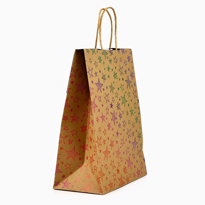 Пакет с клапаном «С Днём рождения», звезды, крафт, глиттер, 19,5 × 10 × 25.2 см