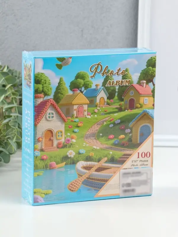 Фотоальбом на 100 фото 13х18 см "Вязаные домики у реки" в коробке 5х18х20,5 см