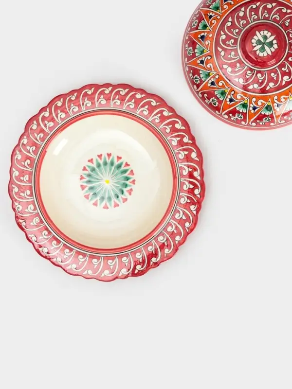 Блинница узбекская Риштанская Керамика &laquo;Цветы&raquo;, d=24 см, керамика, красная