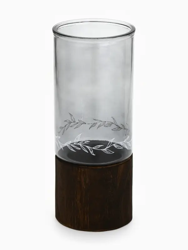 Ваза для цветов с деревянной подставкой из темного стекла, 25.5&times;10 см, 1.25 литра