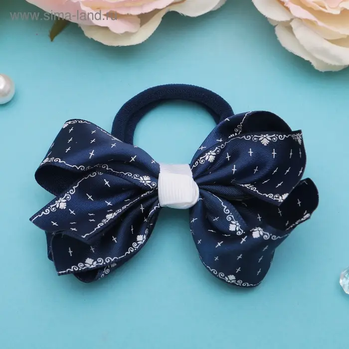 Резинка для волос «Школьница», бант узорный контур, 7 см, синяя