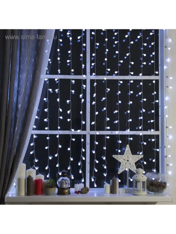 Гирлянда &laquo;Занавес&raquo; 2&times;1.5 м с насадками &laquo;Шарики&raquo;, IP20, прозрачная нить, 360 LED, свечение белое, 8 режимов, 220 В