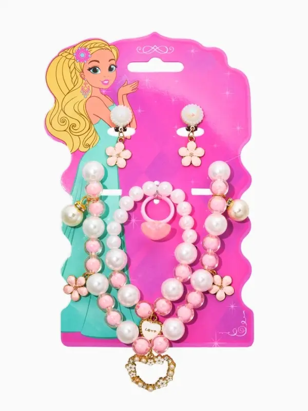 Набор детских украшений &laquo;Выбражулька. Нежность&raquo;, 4 предмета: клипсы, кольцо, бусы, браслет, розовый, белый