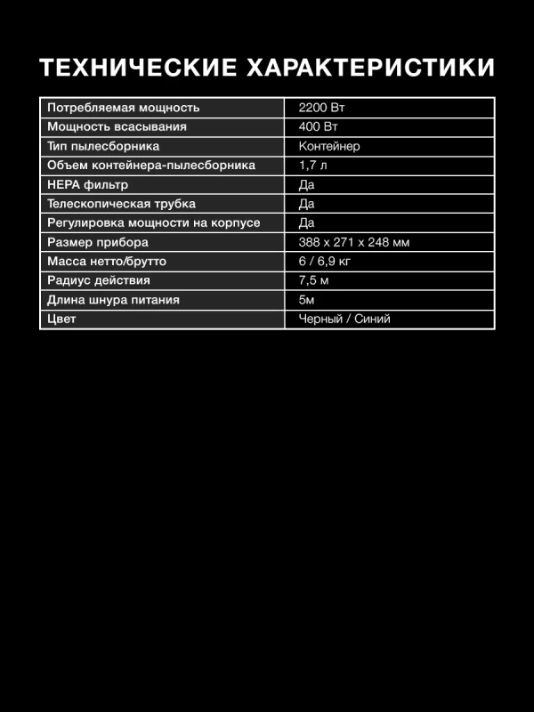 Пылесос HYV-C2530 1,7л 2200Вт черный-синий