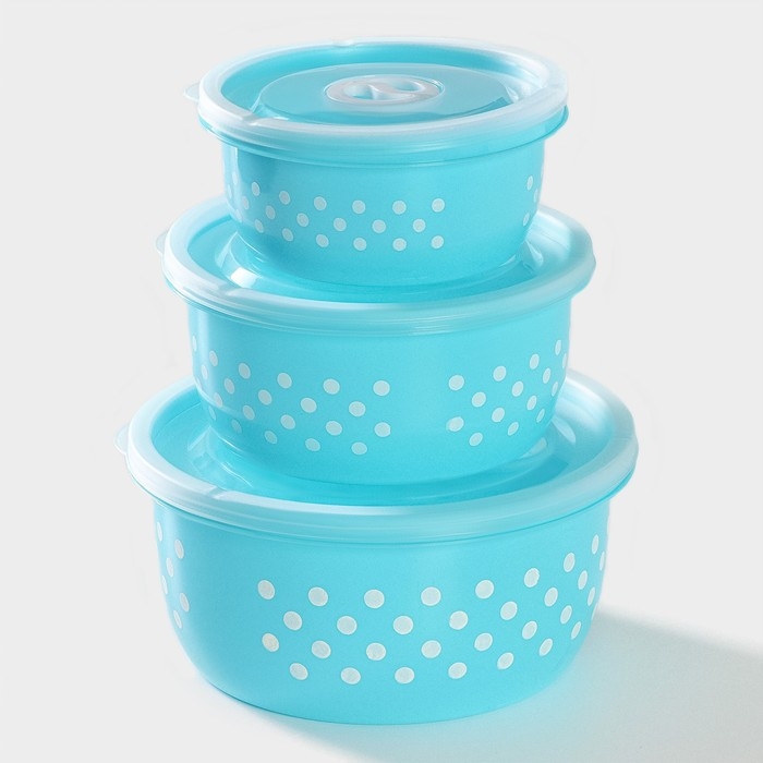 Ланч - боксы Доляна «Горошек», набор 3 шт: 300/600/900 мл, круглые, цвет розовый